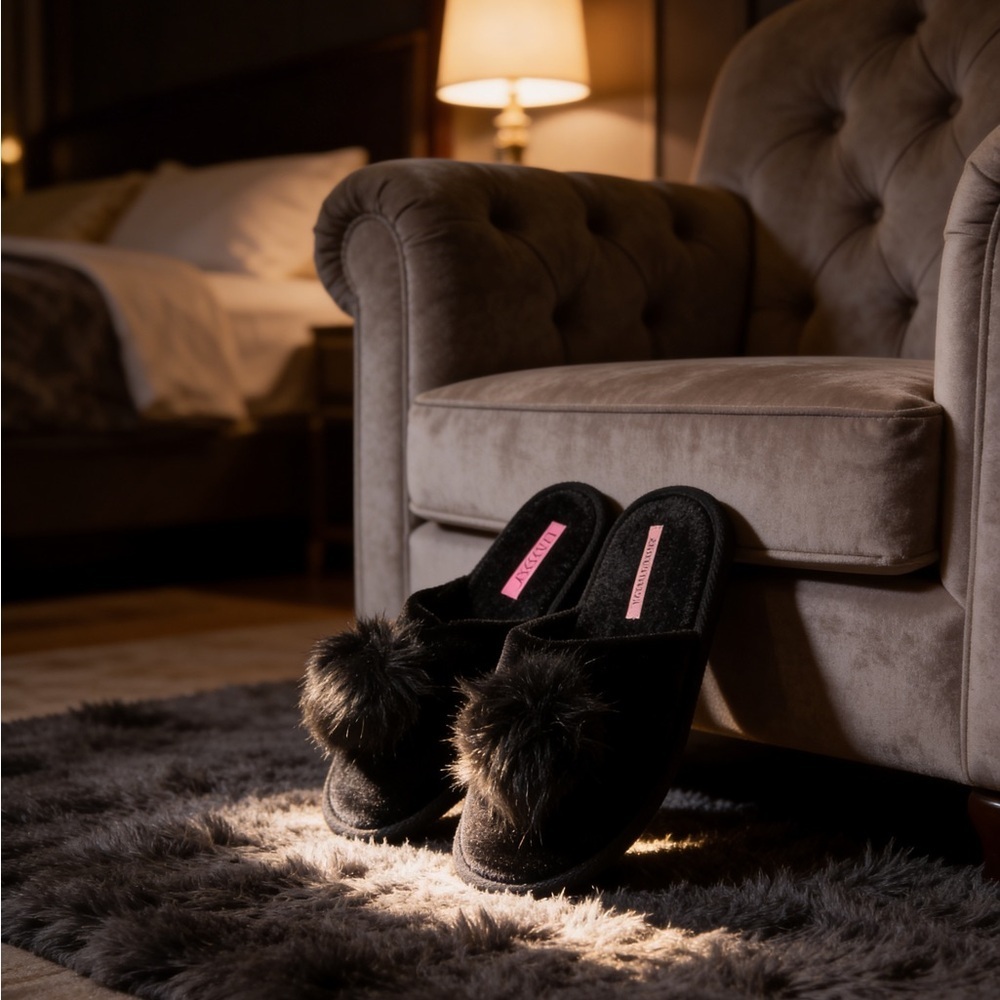 Victoria's Secret Black Fur Slippers